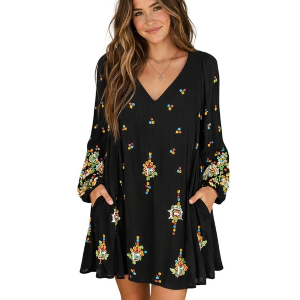 Free People Boho Embroidered Shift Dress Size‎ S Black Peasant Cowgirl Festival